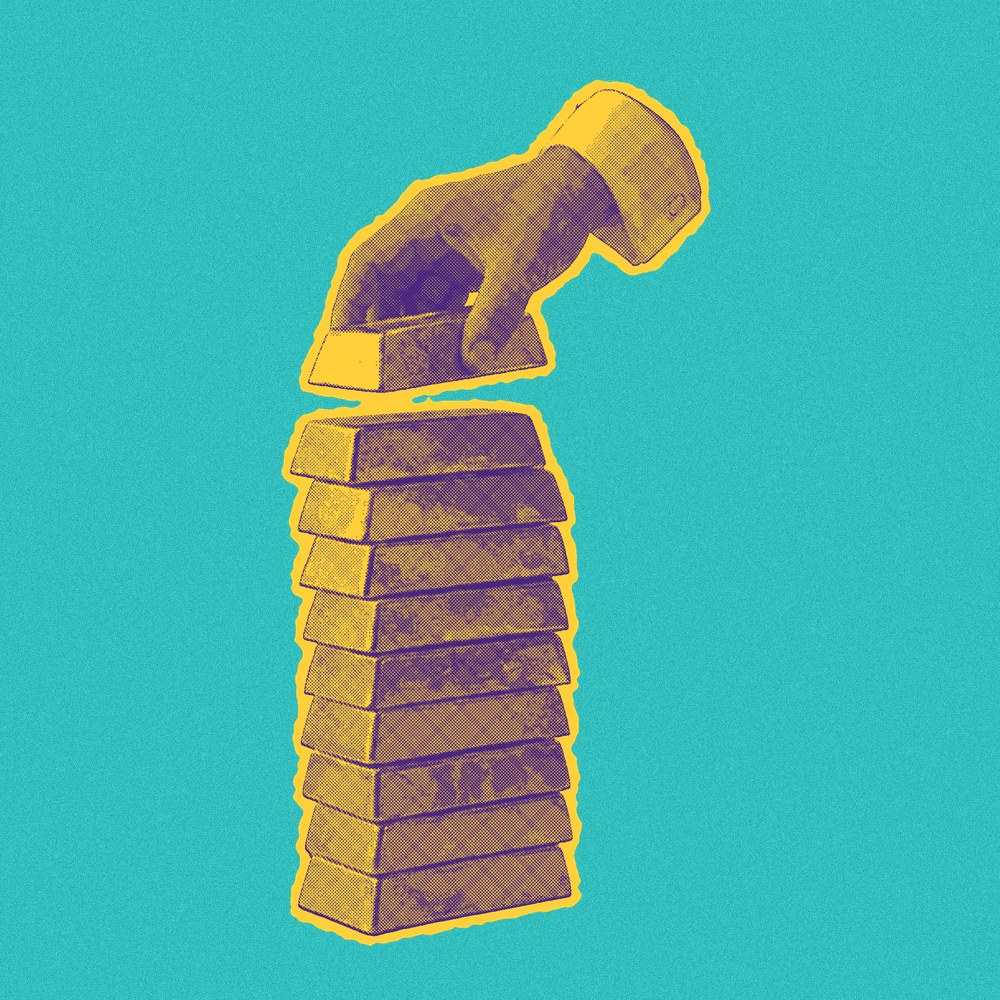 Newsprint cut-out of a hand stacking gold bars.