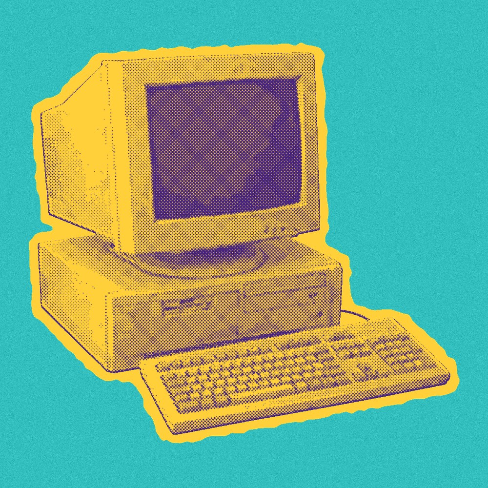 Newsprint cut-out of an old desktop computer.