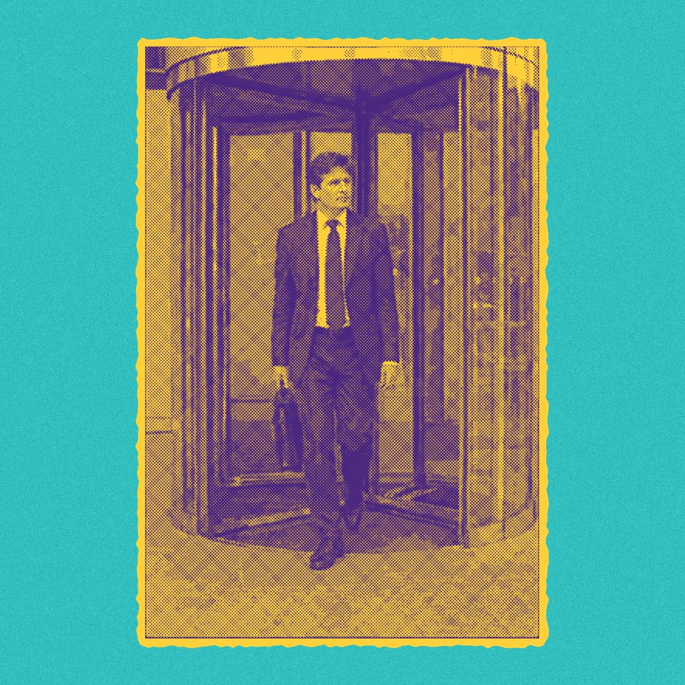 Newsprint clipping of a man in a suit walking through a revolving door.