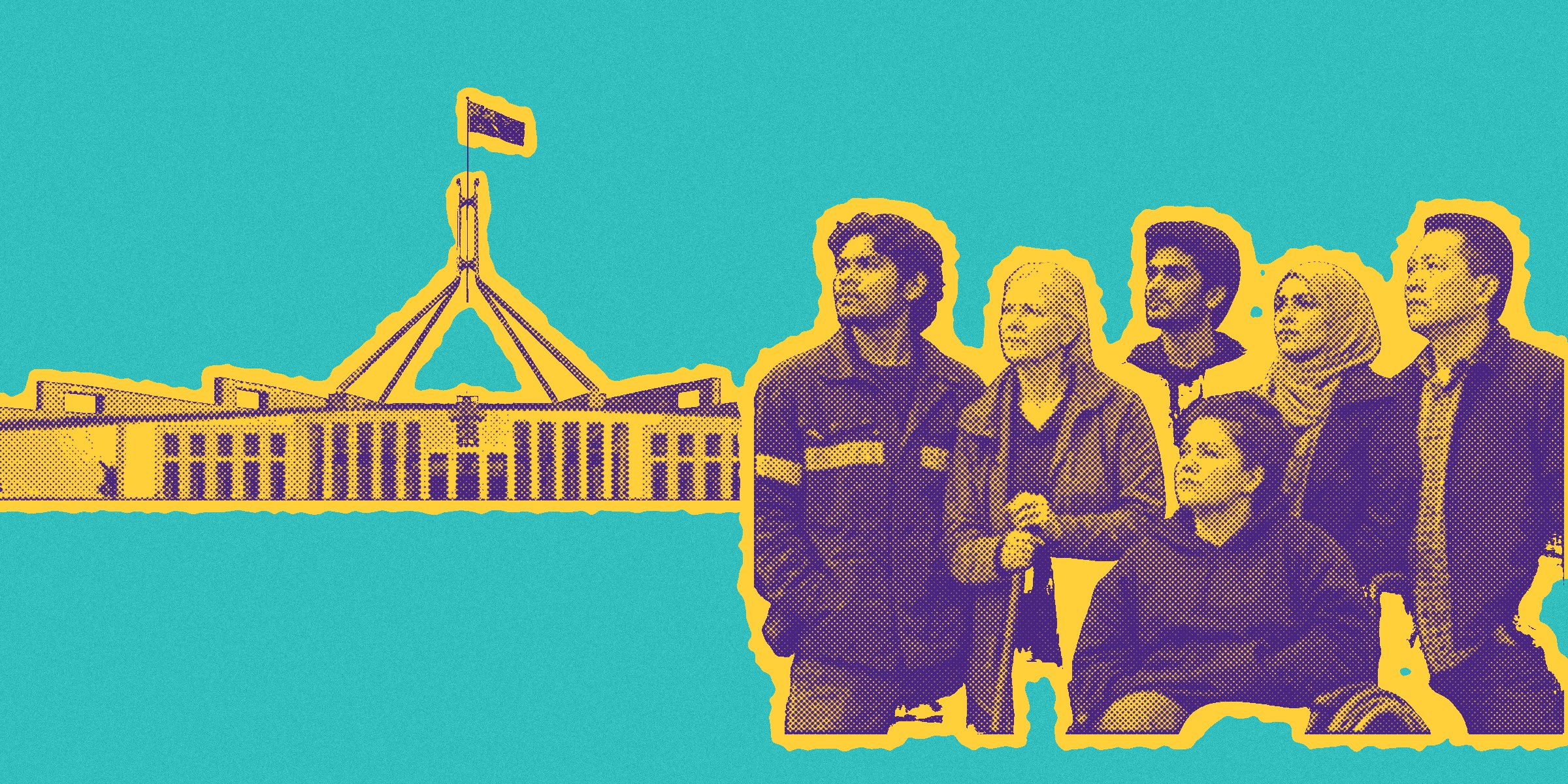 Newsprint-style cut-out of a group of Australians, including a wheelchair user and an older woman with a walking stick, looking towards Parliament House.