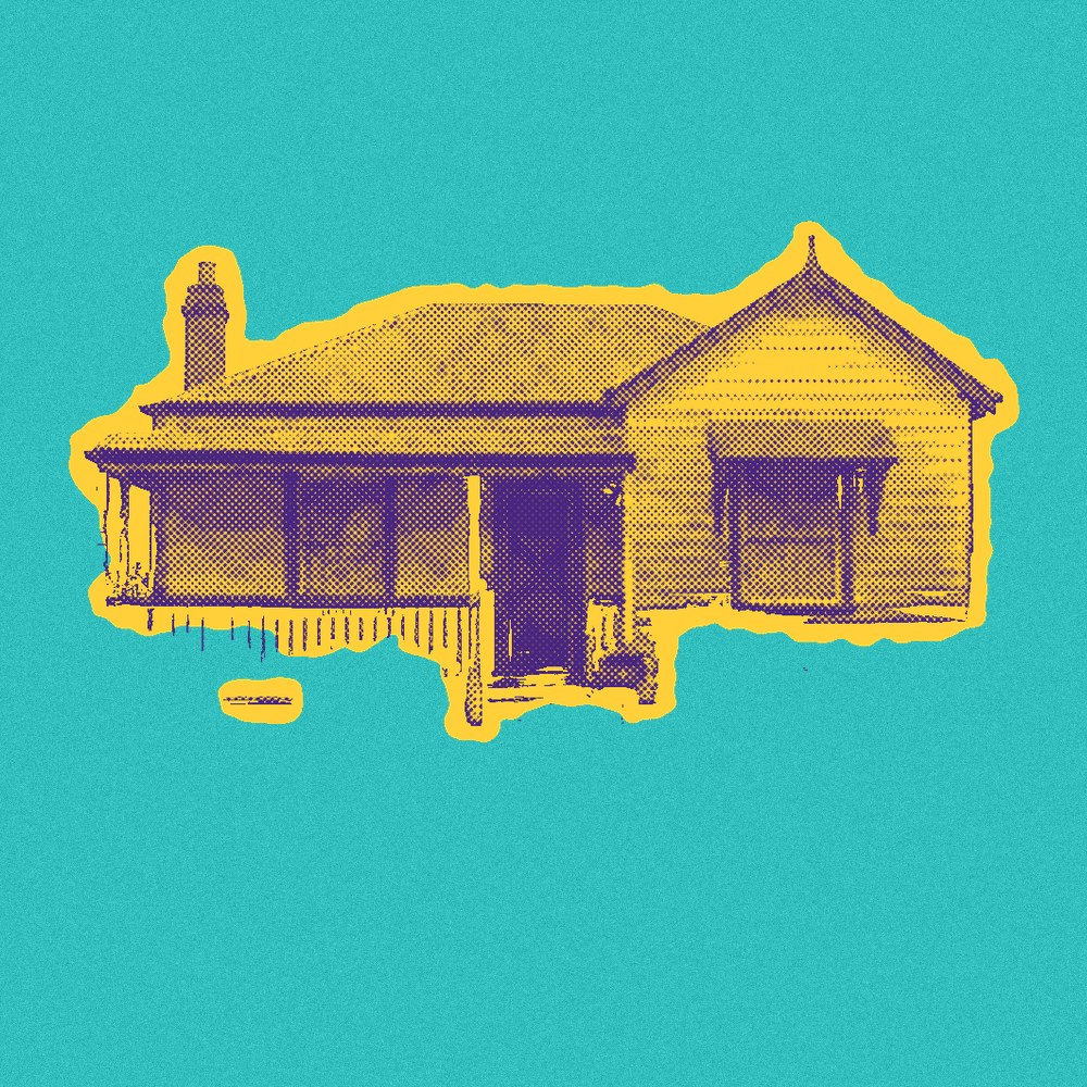 Newsprint cut-out of a weatherboard house.